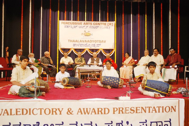 DSC_8106.JPG - Prayer as a Mridangam Laya Vinyasa during the Valedictory on 11th July 2010 by disciples of Vidwan V.Krishna. (L-R) Ashwin B., Rahul Krishna, Karan Rao, Dhruv G.