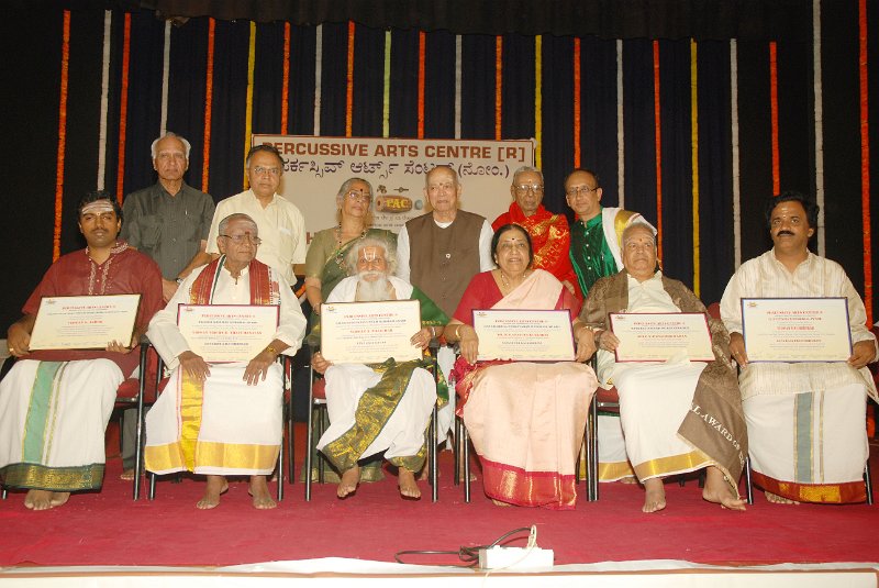 DSC_8236.JPG - Awardees of Thalavadyotsav 2010 with dignitaries during Valedictory. Sitting (L-R) S. Ashok, Trichy R. Thayumanavan, A. Rajachar, Dr. H.S. Anasuya Kulkarni, P.V. Parameswaran, S.V.Giridhar. Standing (L-R) M.R.Doraiswamy Iyengar, Dr. A.H.Rama Rao, Dr. B. Jayashree,           Dr. Mathoor  Krishnamurthi, Dr. R.K.Srikantan, V.Krishna